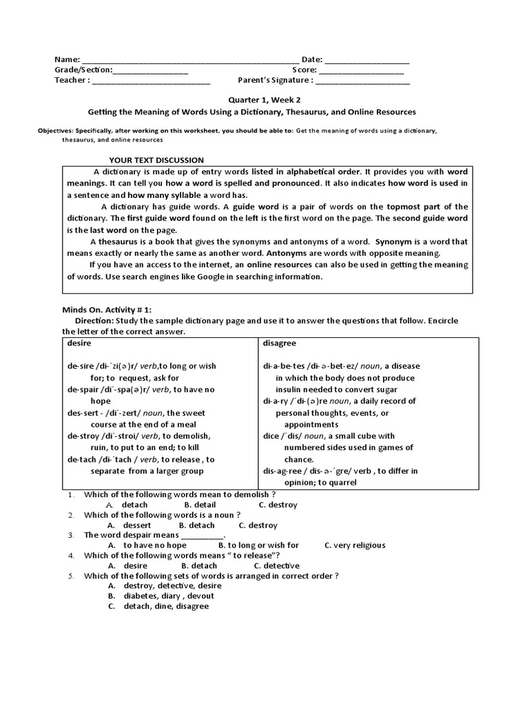 WORKSHEET QUARTER 1 WEEK 2 Getting The Meaning of Words Using A