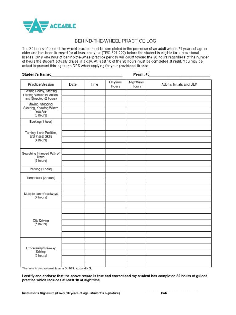 Aceable Behind-the-Wheel Practice Log | PDF