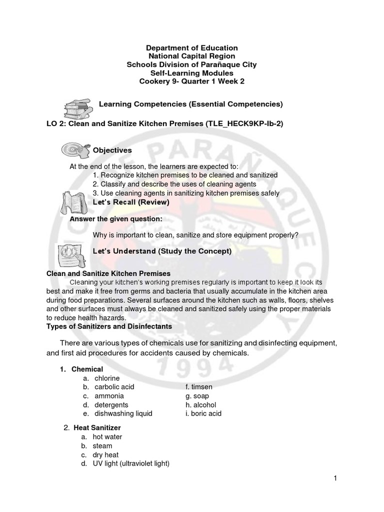 Tle 9 Cookery Week2 Pdf Disinfectant