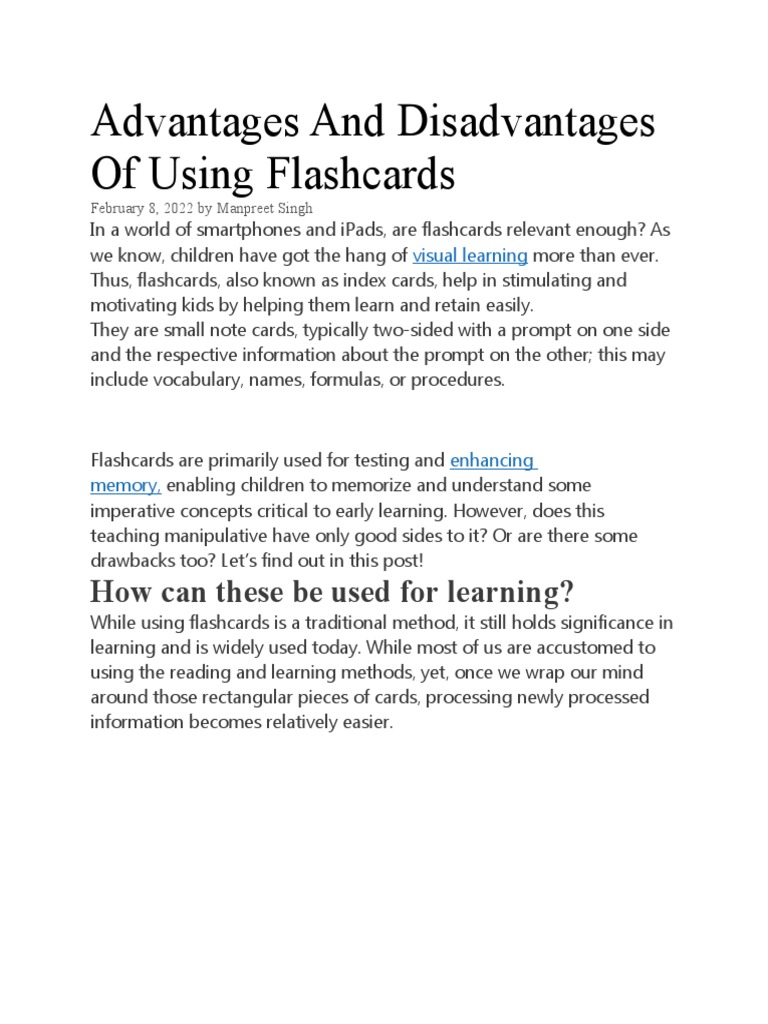 Advantages and Disadvantages of Using Flashcards HandOuts PDF