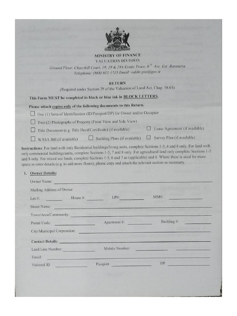 Trinidad and Tobago Ministry of Finance Valuation Form PDF