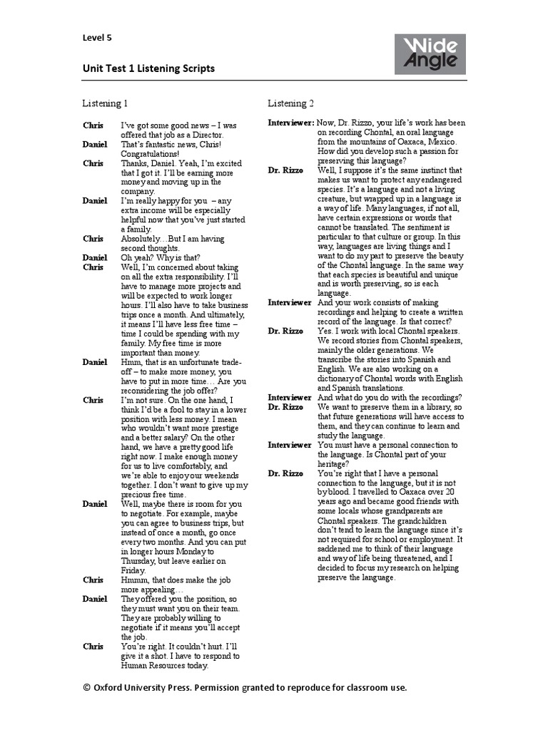 WA 05 Unit Test 01 Listening Scripts | PDF | Linguistics