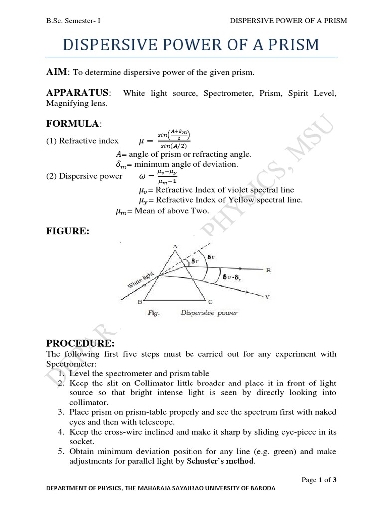 Dispersive Power of A Prism PDF Dispersion (Optics) Prism