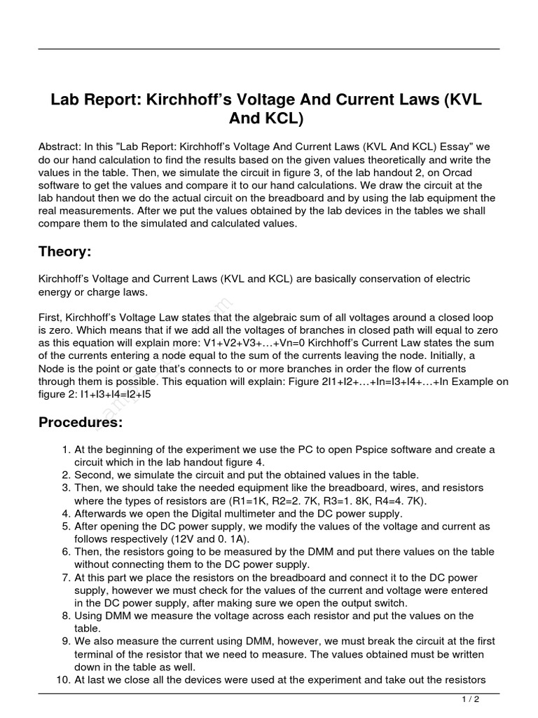 Lab Report Kirchhoffs Voltage And Current Laws Kvl And Kcl Pdf