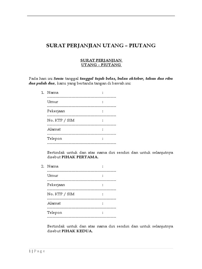 Contoh Surat Perjanjian Utang Piutang | PDF