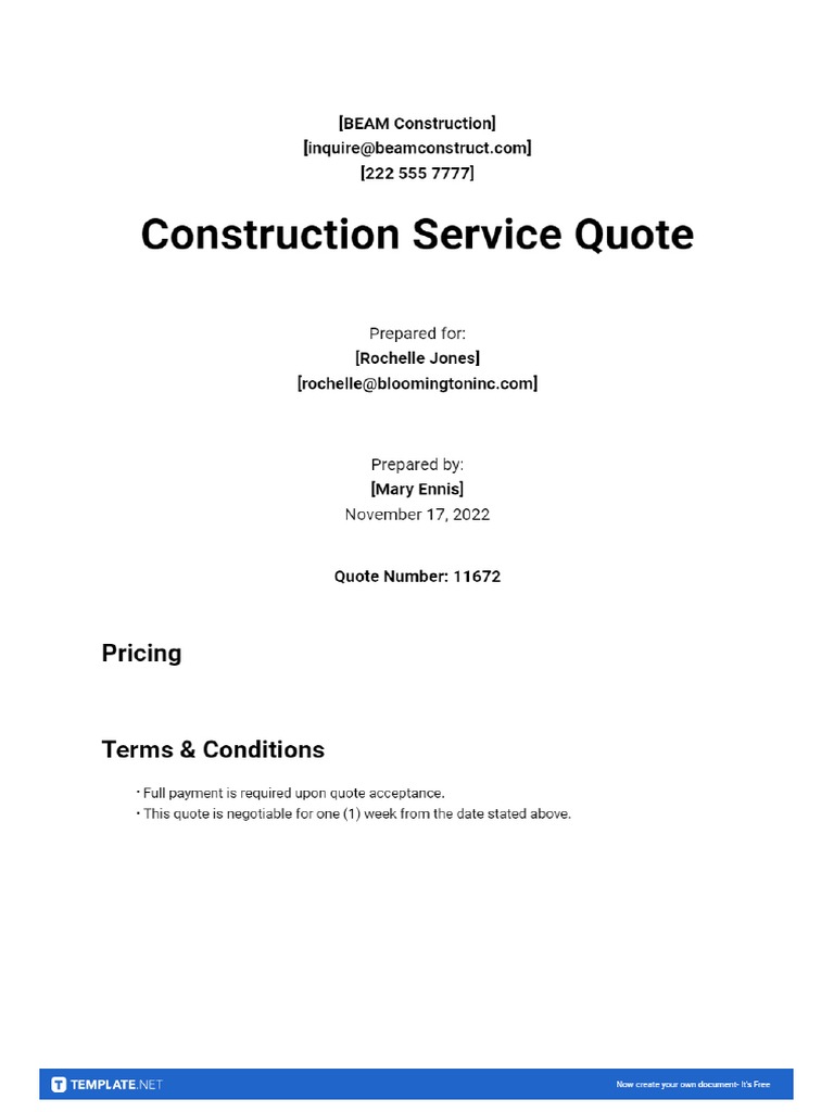 Free Sample Construction Quotation Template | PDF