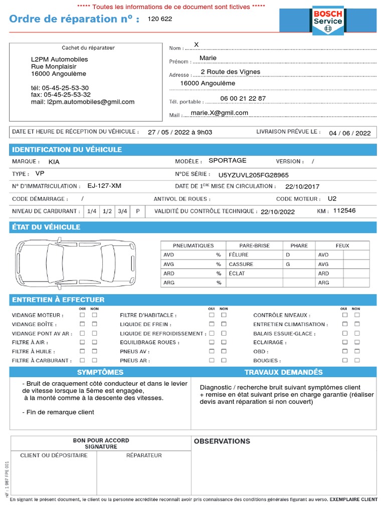 Ordre de Réparation KIA Sportage | PDF
