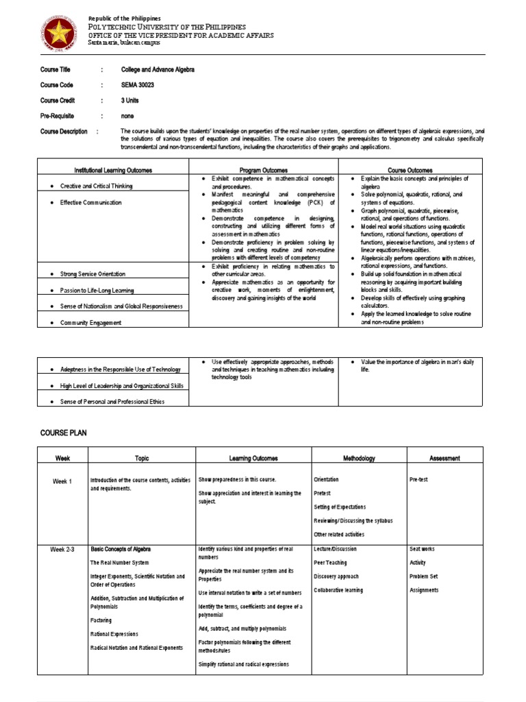 College and Advanced Algebra Syllabus | PDF | Polynomial | Function ...