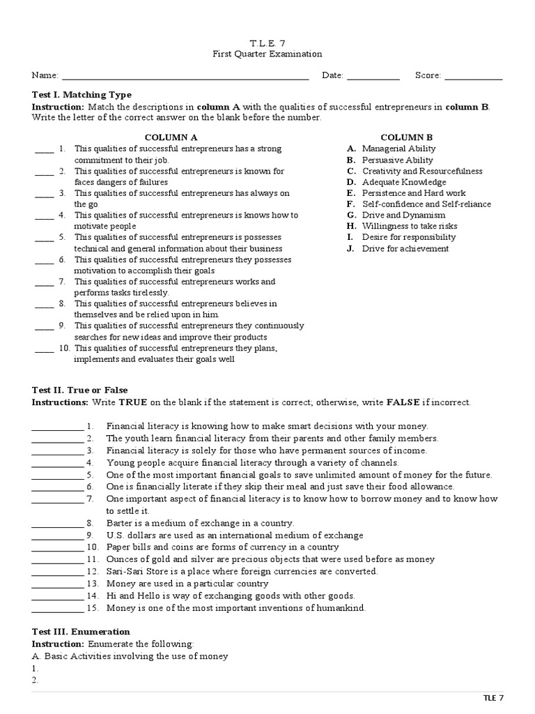 Grade 7 TLE 1st Quarter Exam Guide | PDF | Money | Entrepreneurship