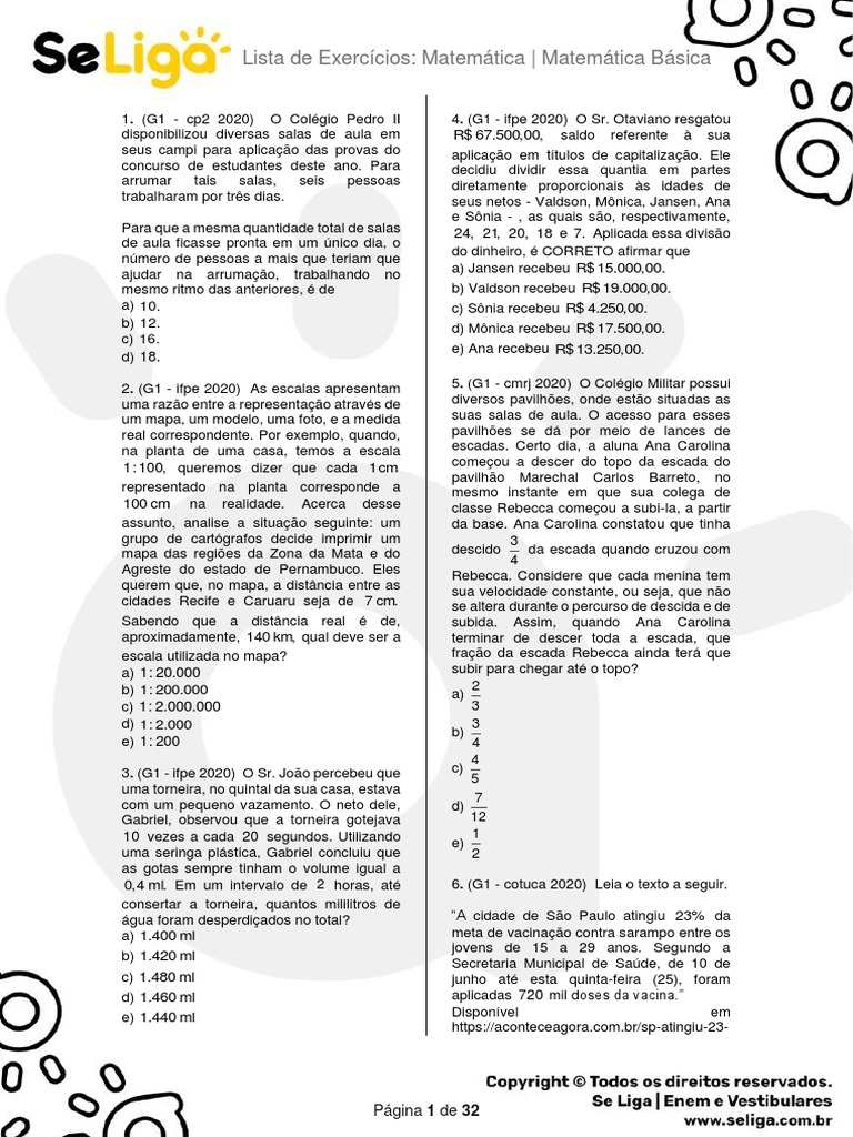 Lista de Exercícios: Matemática - Matemática Básica | PDF | Embalagem e ...