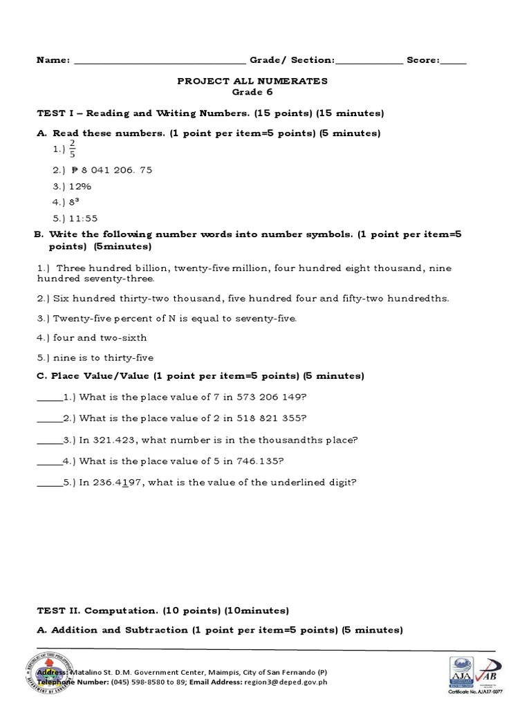 Grade 6 Project An Assessment Tool Pre Test Pdf Mathematics