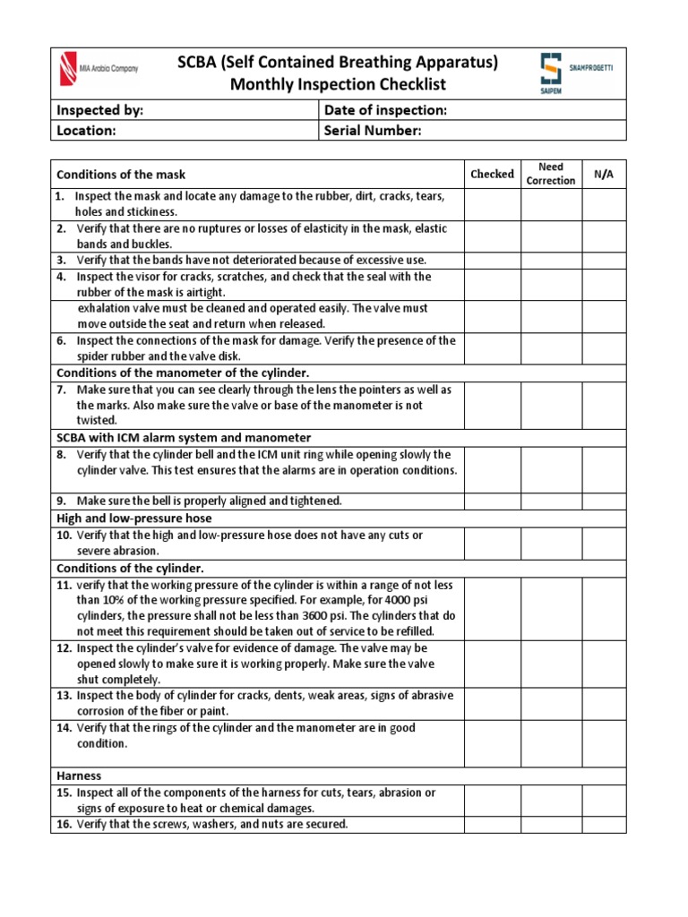 SCBA CHecklist | PDF | Valve | Equipment