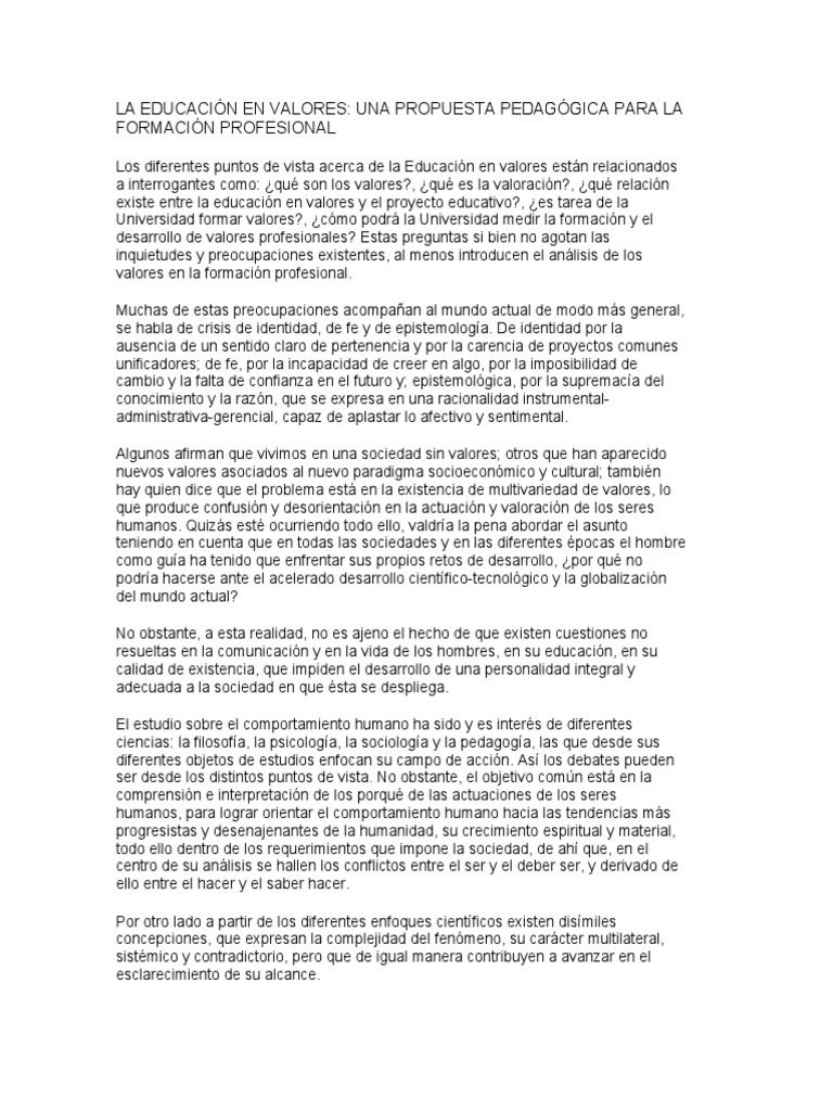LA EDUCACIÓN EN VALORES Propuesta Pedagogica | PDF | Conocimiento ...