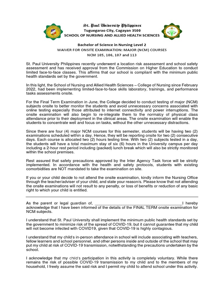 Waiver ONSITE EXAMINATION PDF Health Sciences Diseases And Disorders