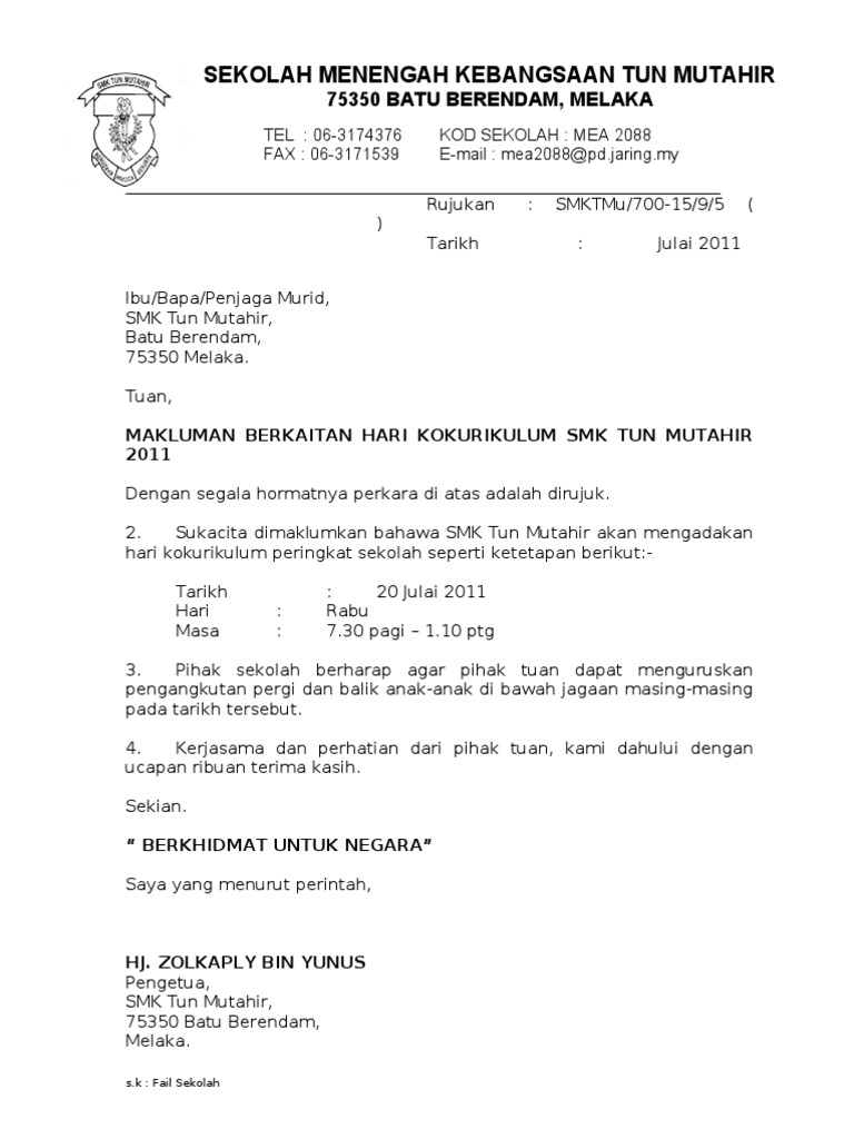 Contoh Surat Makluman Untuk Ibu Bapa