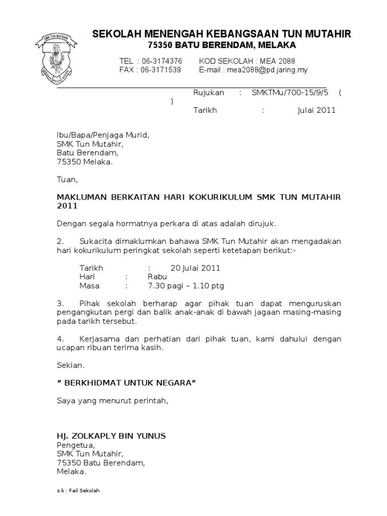 Surat Makluman Kepada Ibu Bapa Tentang Kelas Mengaji