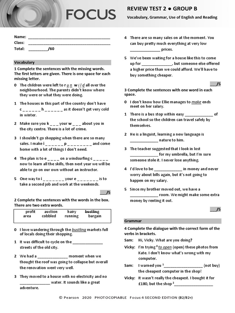 Focus4 2E Review Test 2 Units1 4 Vocabulary Grammar UoE Reading GroupB ...