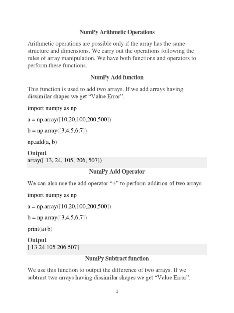 Arithmetic Operations In Numpy Arithmetic Operations In Numpy