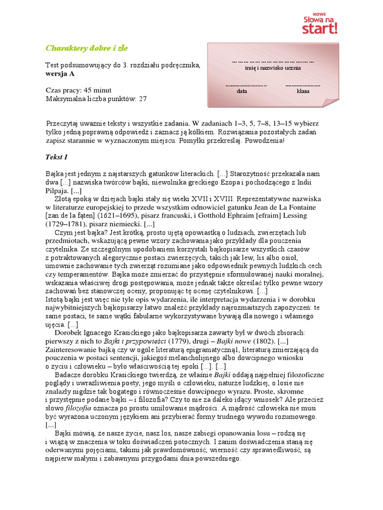 Diagnoza Język Polski Klasa 7 Test - Diagnoza - J. Polski 7a B | PDF