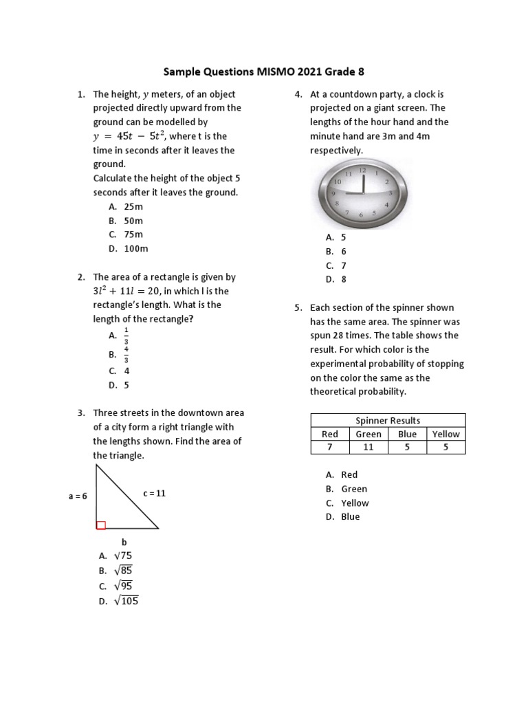 Grade 8 MISMO Sample Questions | PDF | Area