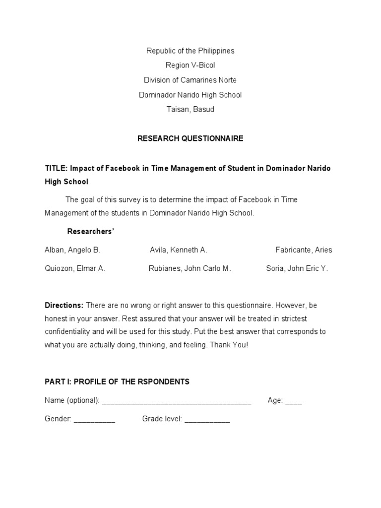 Facebook QUESTIONNAIRE IN RESEARCH PDF Communication