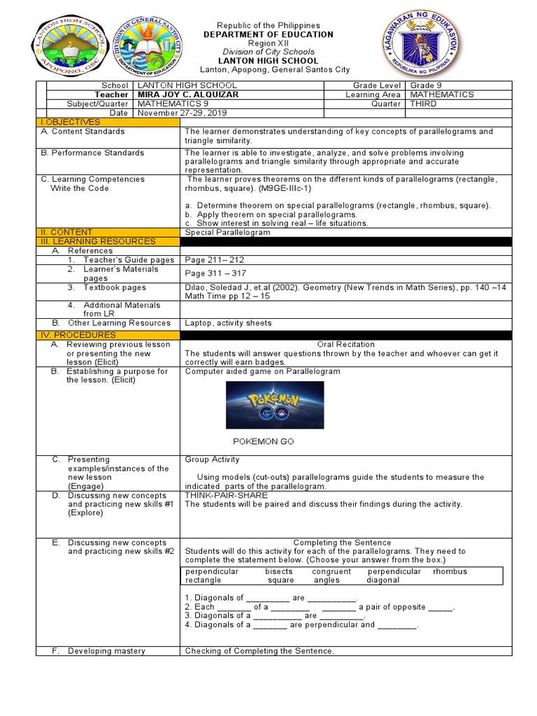 Grade 9 Math: Parallelograms Lesson Plan | PDF | Rectangle | Mathematics