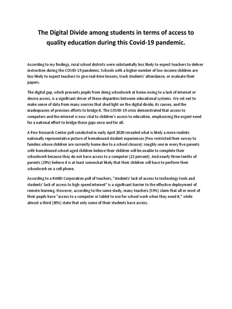 The Digital Divide Among Students in Terms of Access To Quality ...