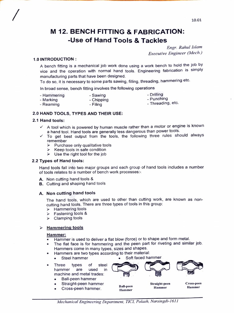 Bench Fitting and Hand Tools Guide | PDF | Mechanical Engineering ...