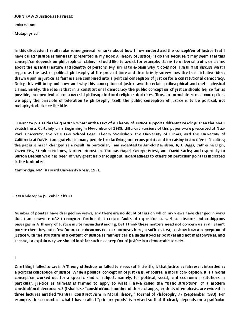 JOHN RAWLS Justice As Fairness | PDF | Crime & Violence | Justice