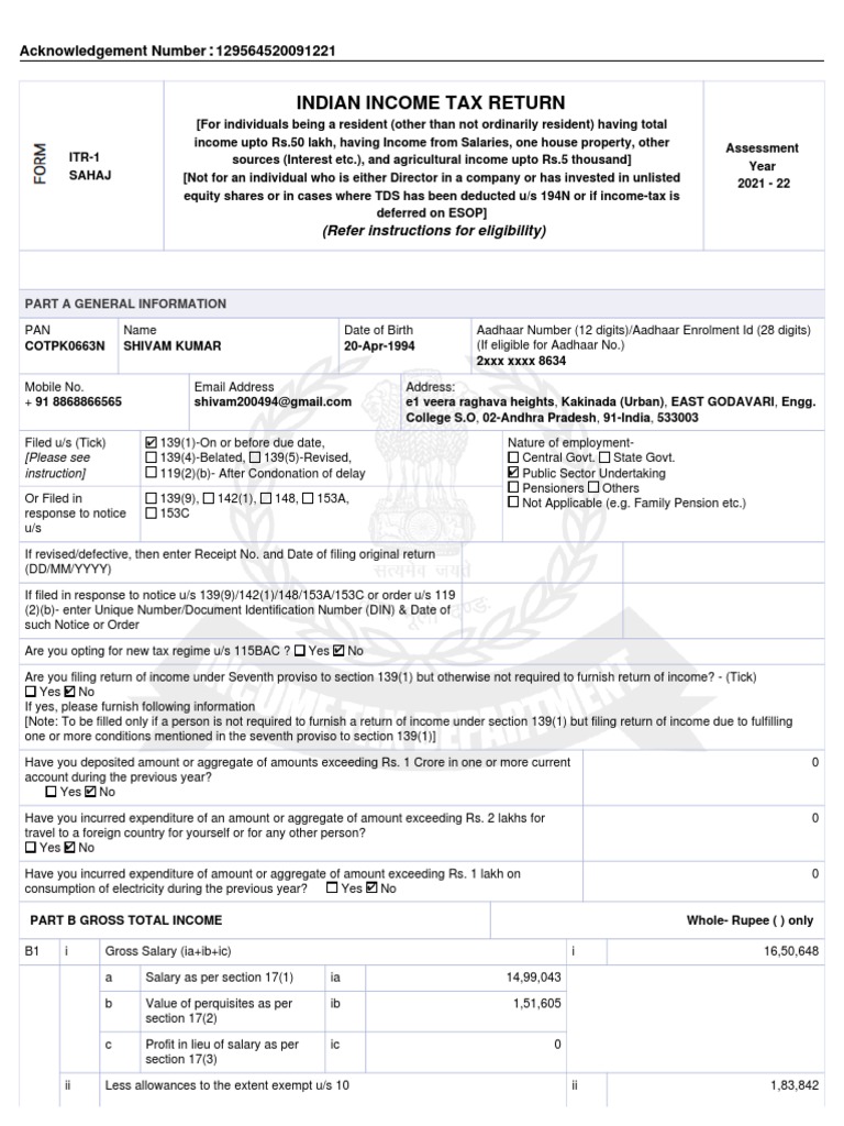 Analysis of an Individual Tax Return for Assessment Year 202122