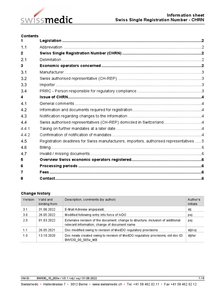 Swiss Single Registration Number (CHRN) | PDF | Medical Device