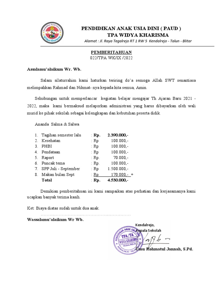Pemberitahuan Tagihan SPP PAUD | PDF