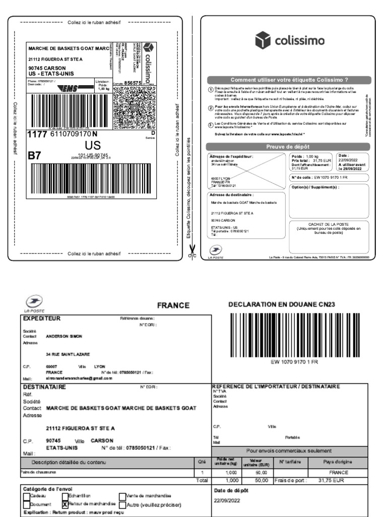 Bordereau D envoi Colissimo International PDF Communication crite 