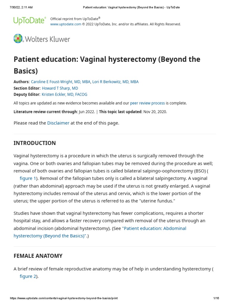 Patient Education Vaginal Hysterectomy (Beyond The Basics) UpToDate