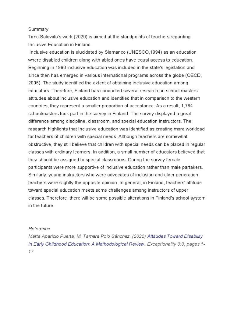 Finnish Teachers' Views on Inclusive Education | PDF
