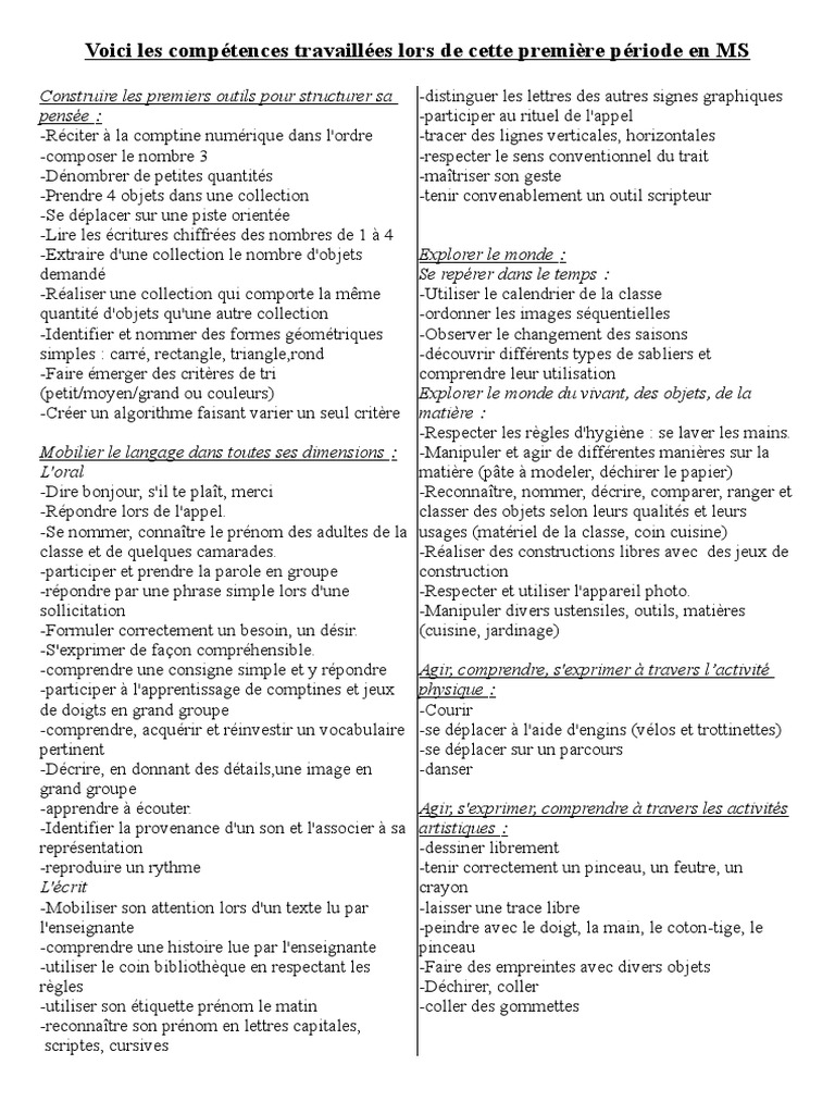 Compétences en MS : Période 1 | PDF
