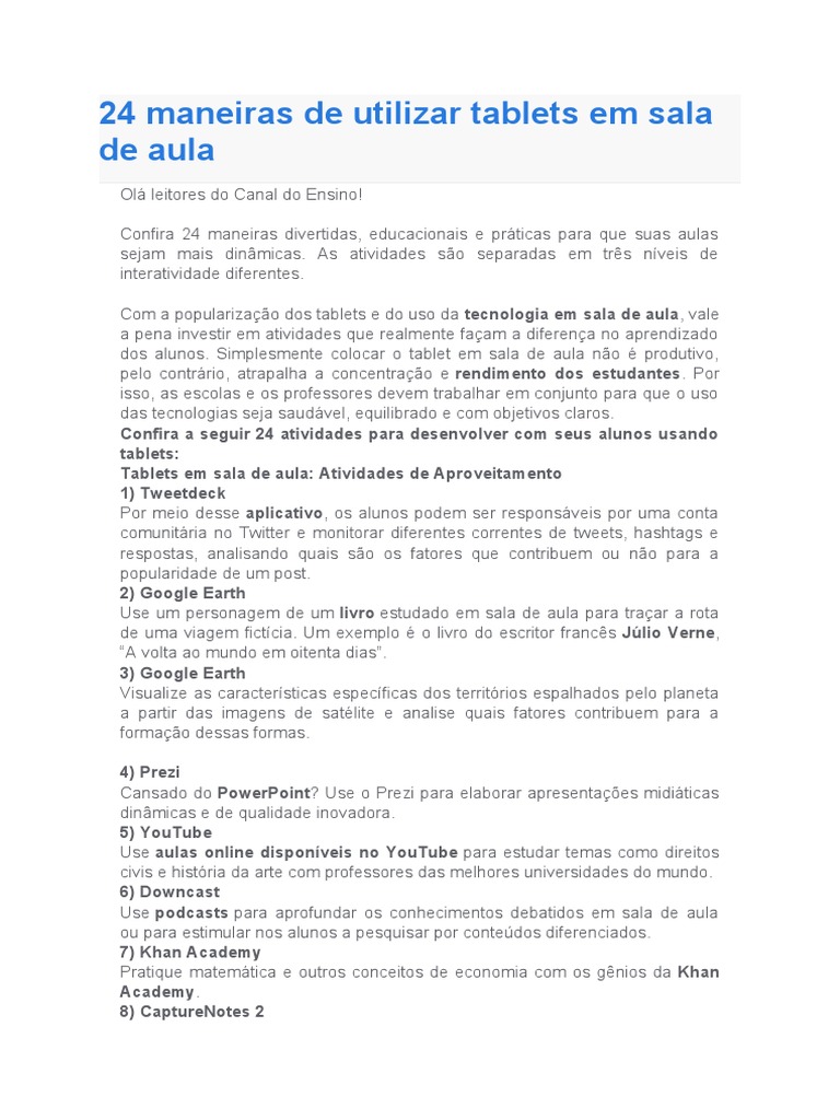 24 Atividades com Tablets na Educação | PDF | Tablets | Aprendizado