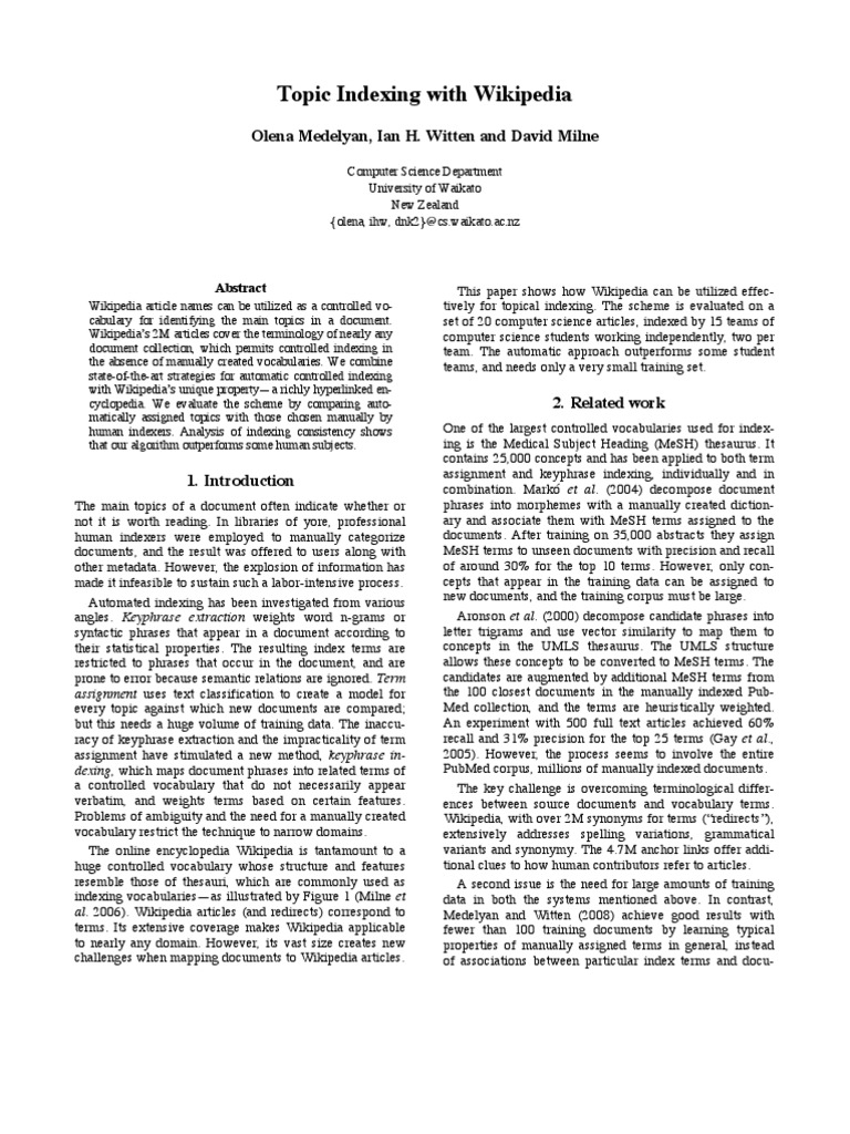 Wikipedia for Topic Indexing | PDF | Wikipedia | Search Engine Indexing
