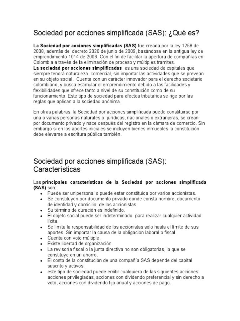 Sociedad Por Acciones Simplificada Pdf Compartir Finanzas Sociedad