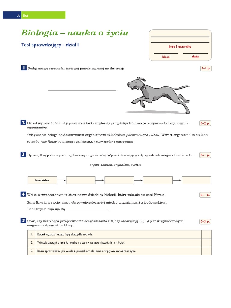 Test Biologia Klasa 5 Dzial 2 1.test Biologia Nauka o Zyciu | PDF