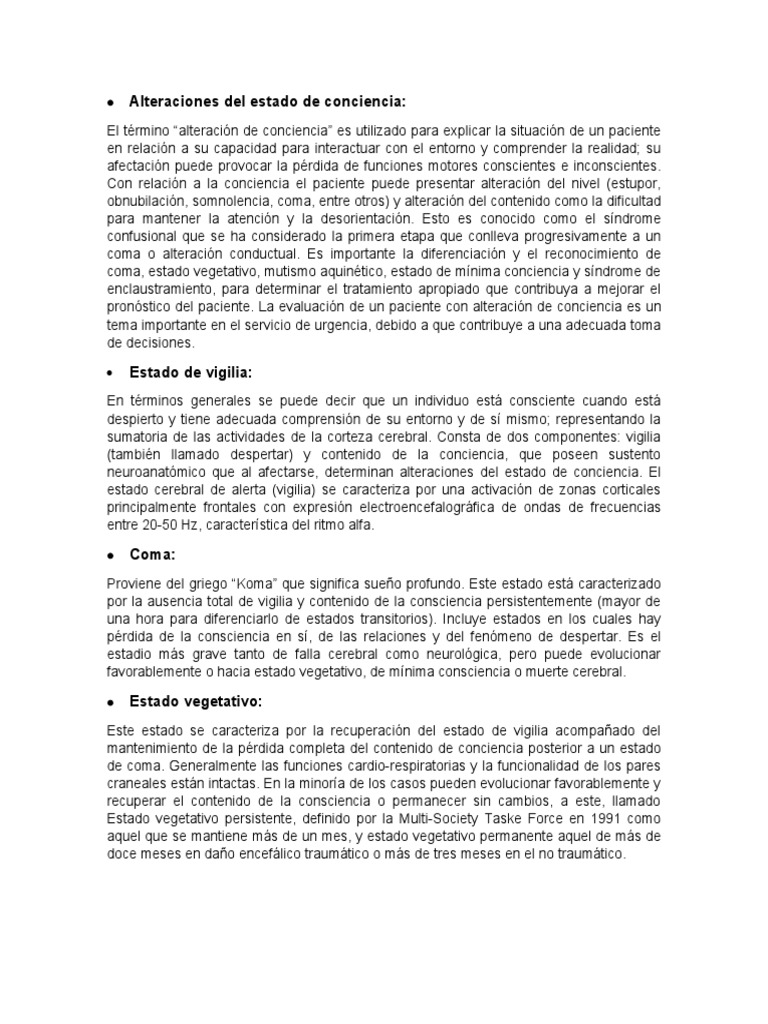 Alteraciones del Estado de Conciencia | PDF | Conciencia | Coma
