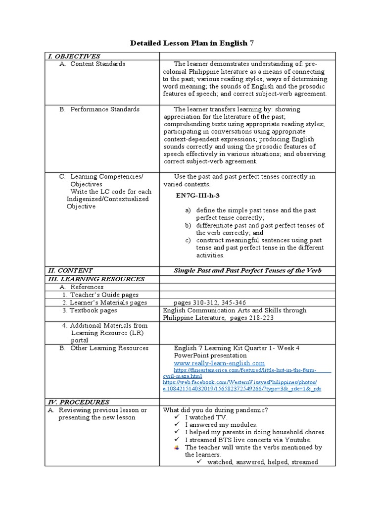 English 7: Past Tenses Lesson Plan | PDF | Grammatical Tense | Verb