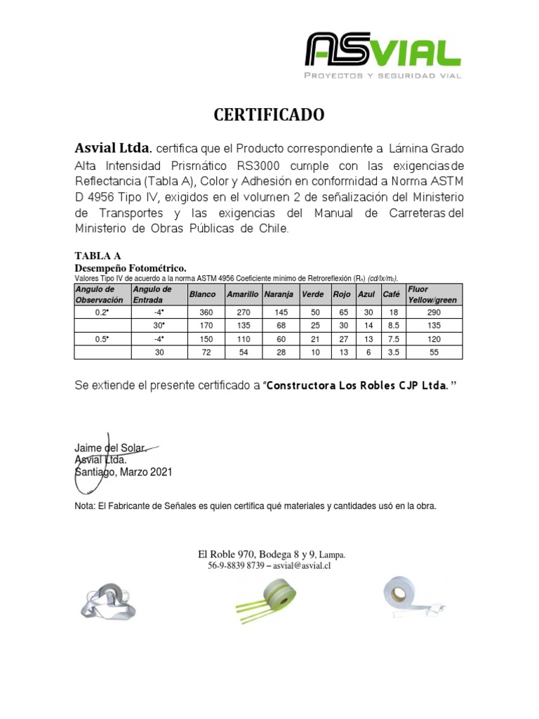 Certificación de Lámina RS3000 Asvial | PDF