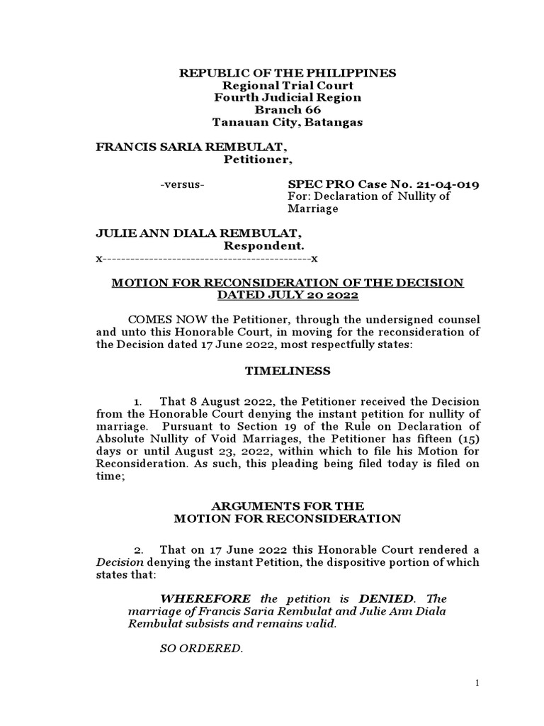 Motion for Reconsideration Timeline | PDF | Psychiatry | Annulment