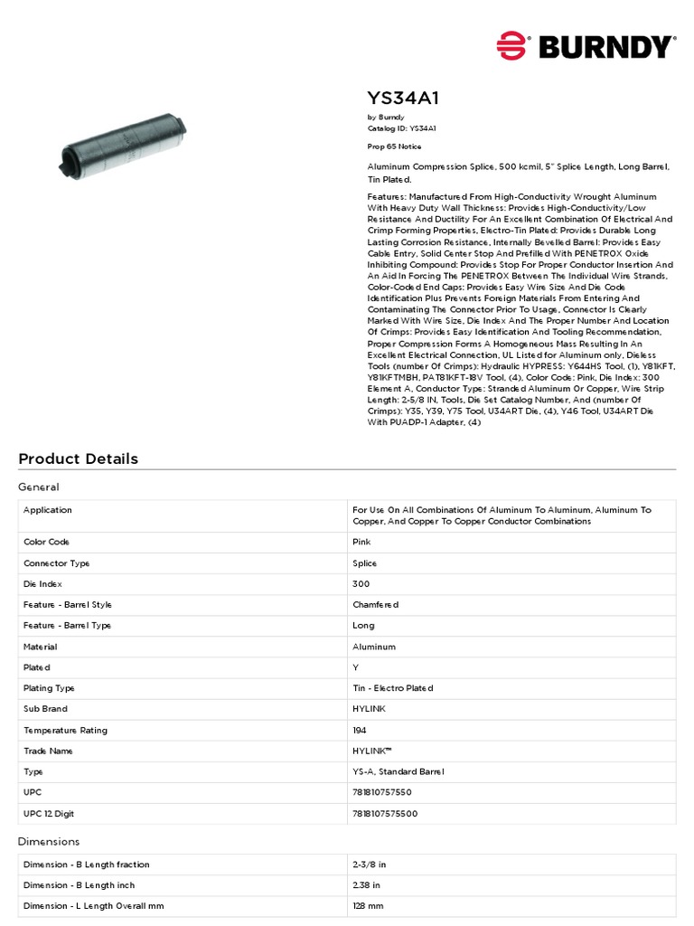 BURNDY YS34A1 Specsheet PDF Electrical Connector Wire