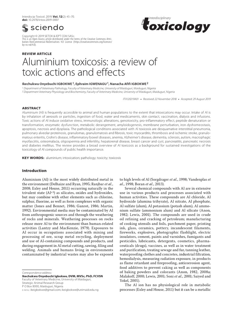 Aluminium Toxicosis A Review of Toxic Actions and Effects PDF