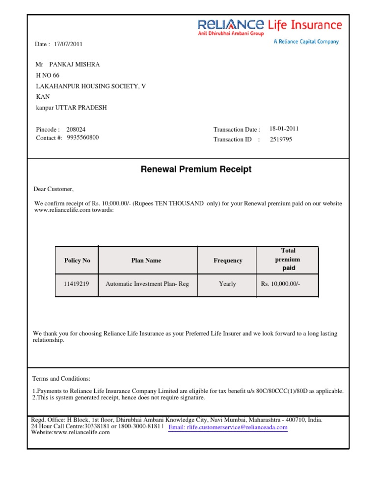 Renewal Premium Receipt for Life Insurance | PDF | Finance & Money ...