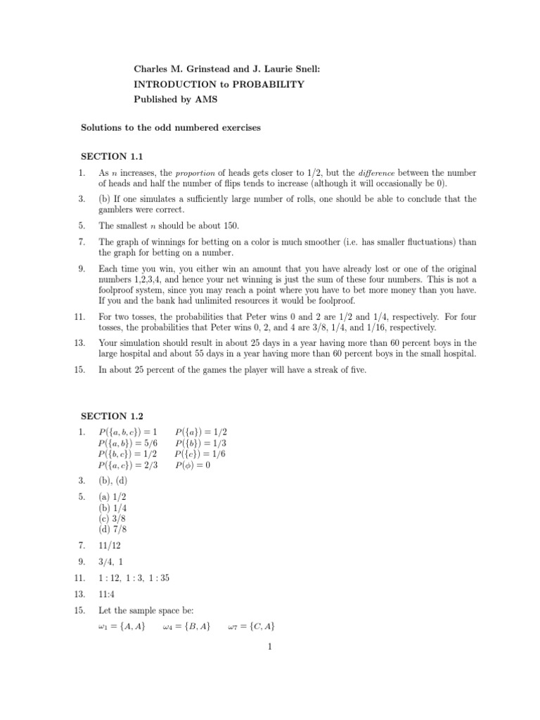 Solutions To The Odd Numbered Exercises | PDF | Odds | Probability