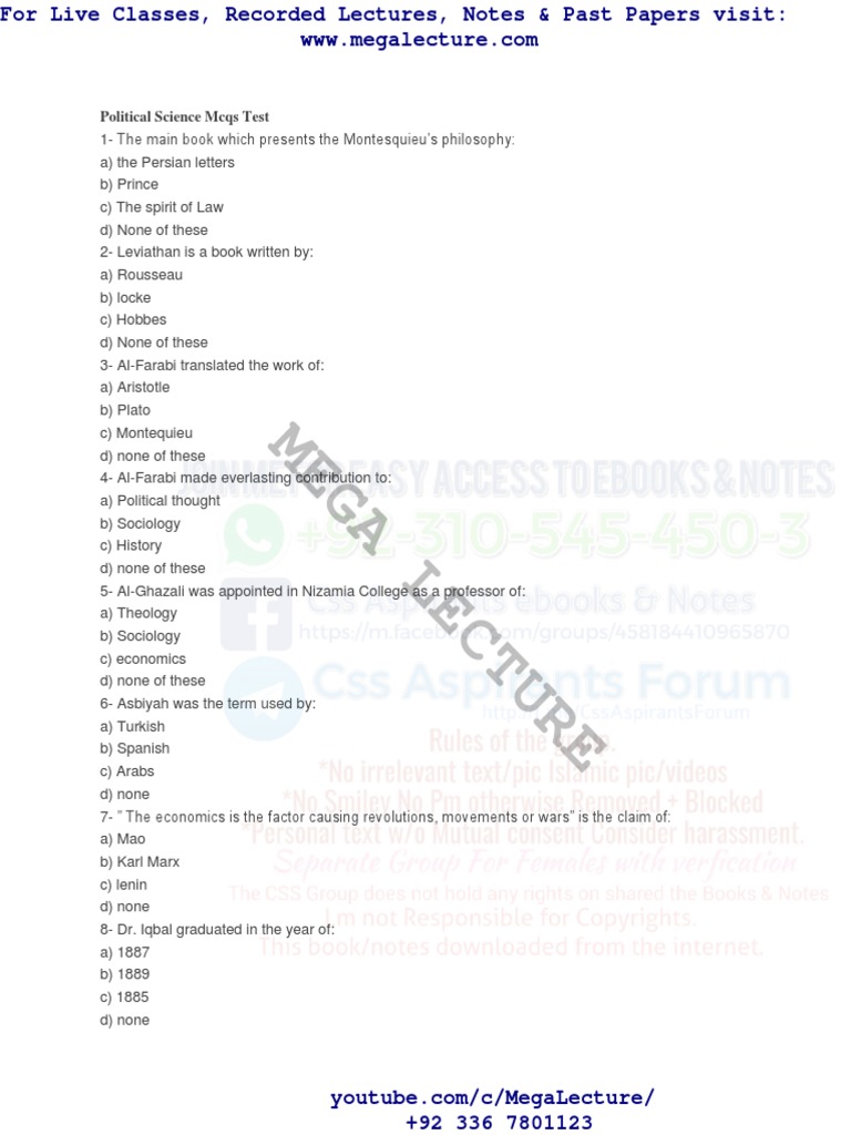 Political Science Mcqs Test PDF Political Philosophy Muhammad Ali