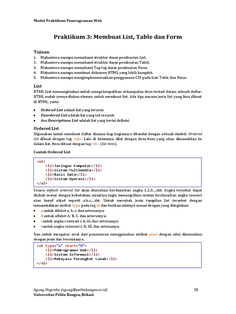 Praktikum HTML: List, Tabel, dan Form | PDF